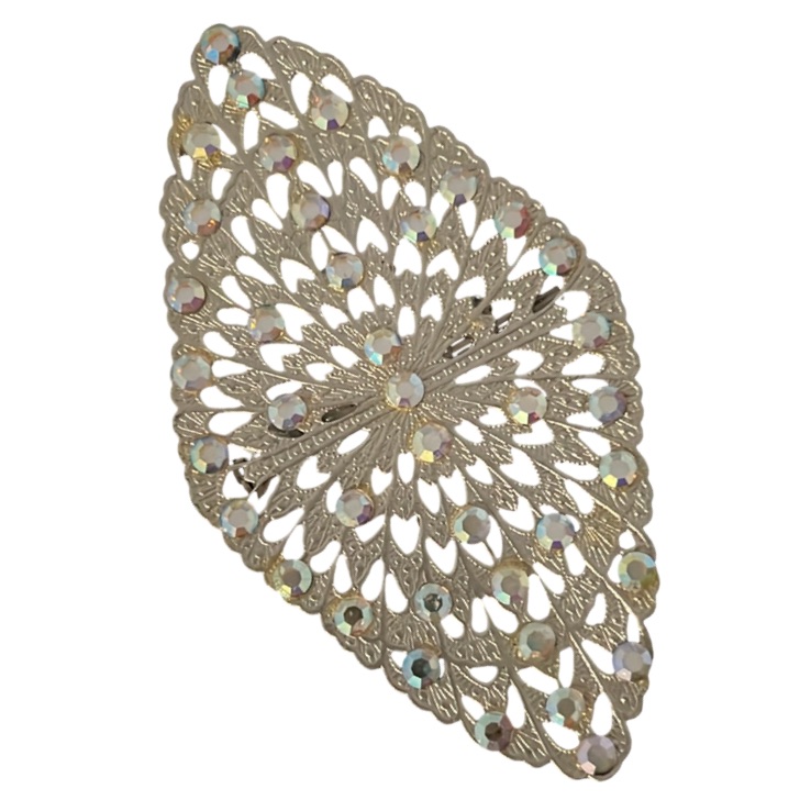 Vintage Art Deco Silver Plated And Iridescent A&B Crystal Diamond Brooch